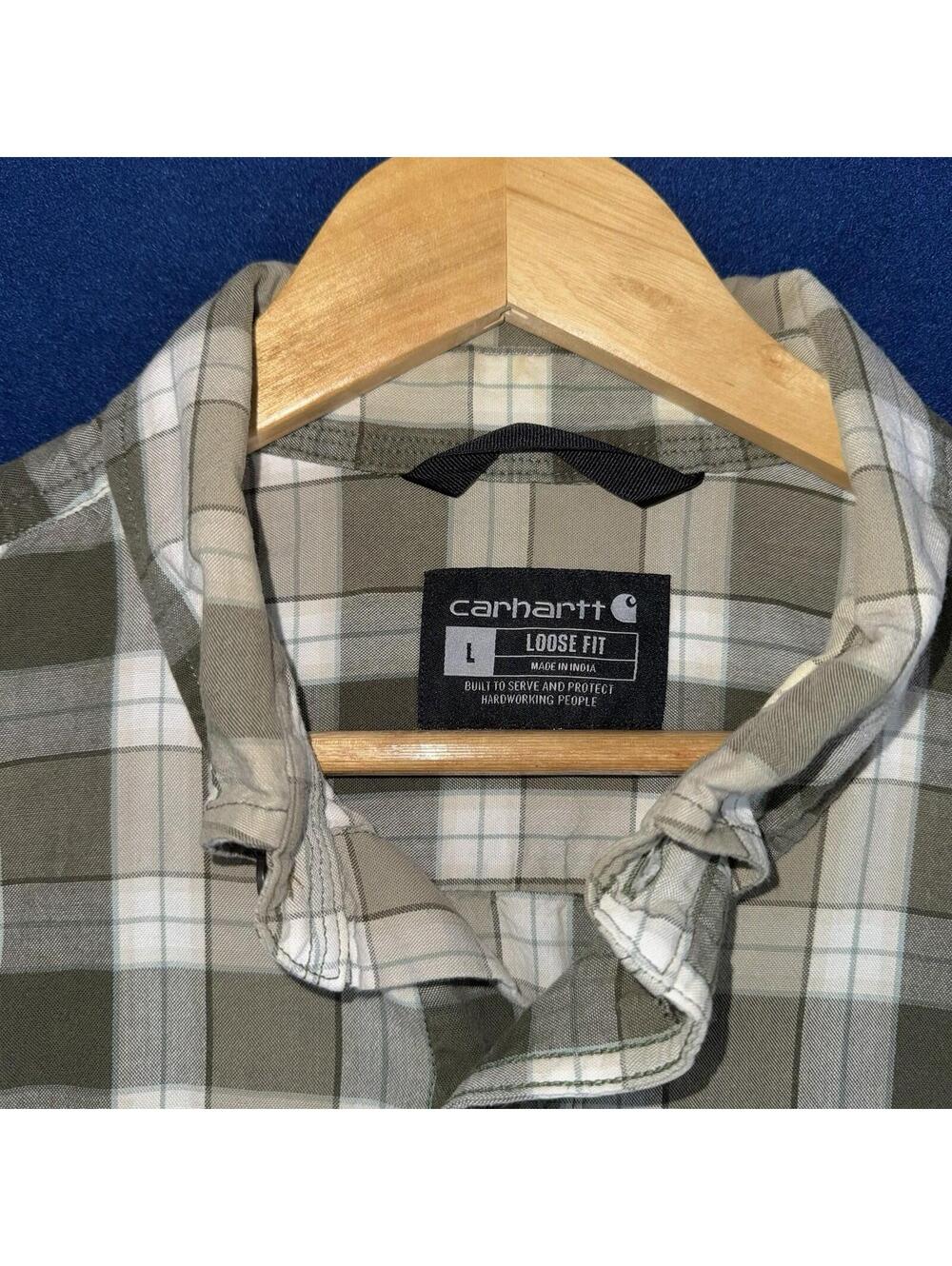 Carhartt Loose Fit Mens Large Plaid Button Front Work Shirt Green Beige Unility - Picture 3 of 9
